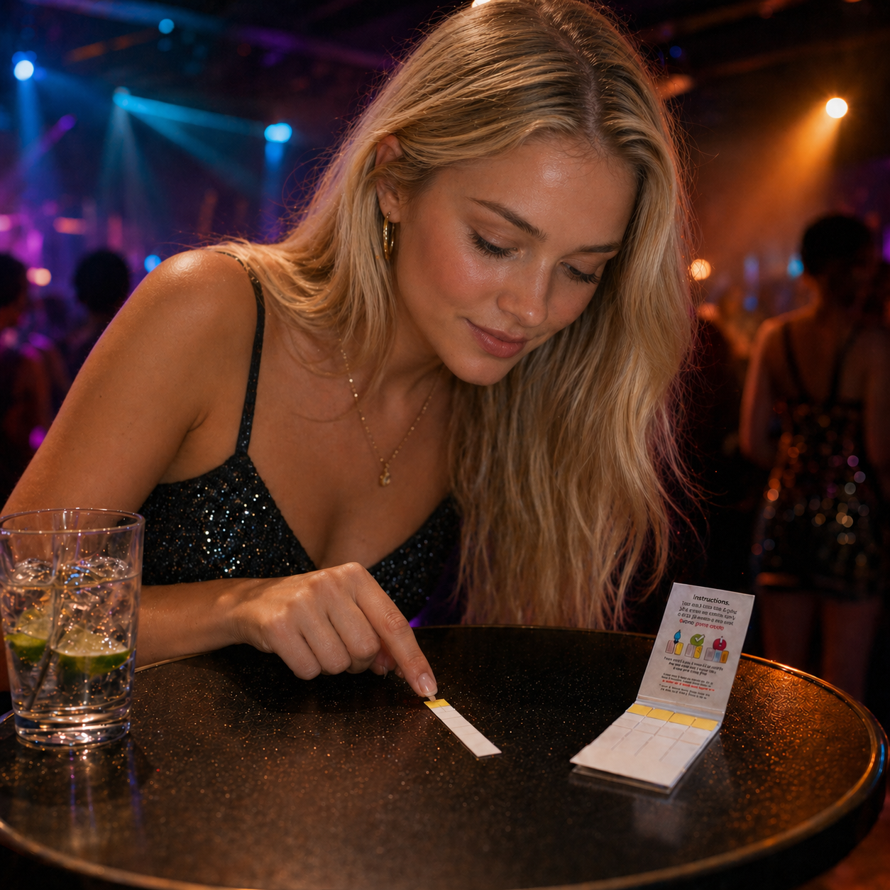 Person wendet KO-Tropfen Schnelltest diskret im Club an – testyourdrink.de